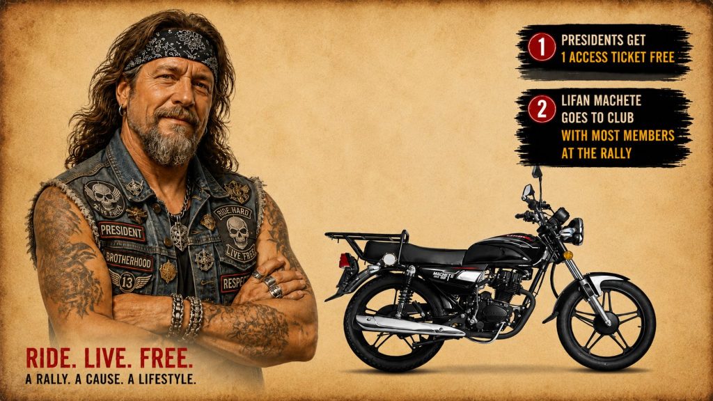 Veldskoen Rally Presidents Ticket free, Lifan Machete for Club with most members