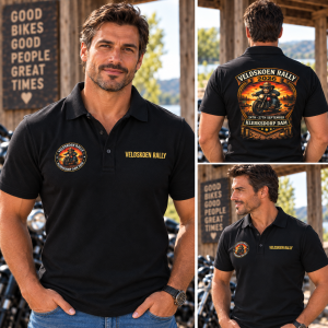 Veldskoen Rally men's black golf shirt with front branding and back Rally artwork